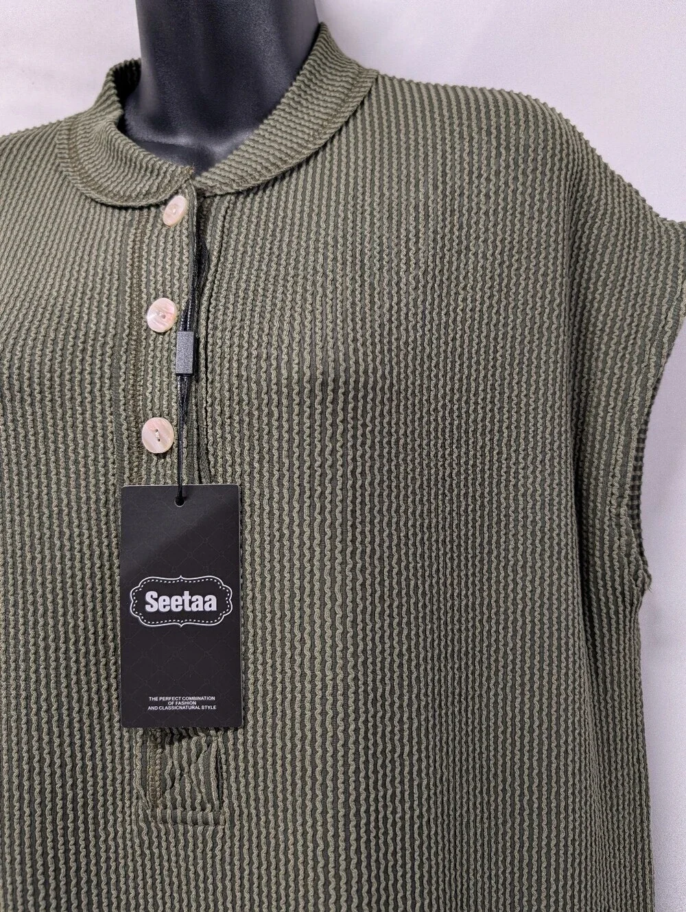 Seetaa Olive Green Ribbed Knit Midi Dress Large Pockets Side Slits Collared NWT - Picture 5 of 9